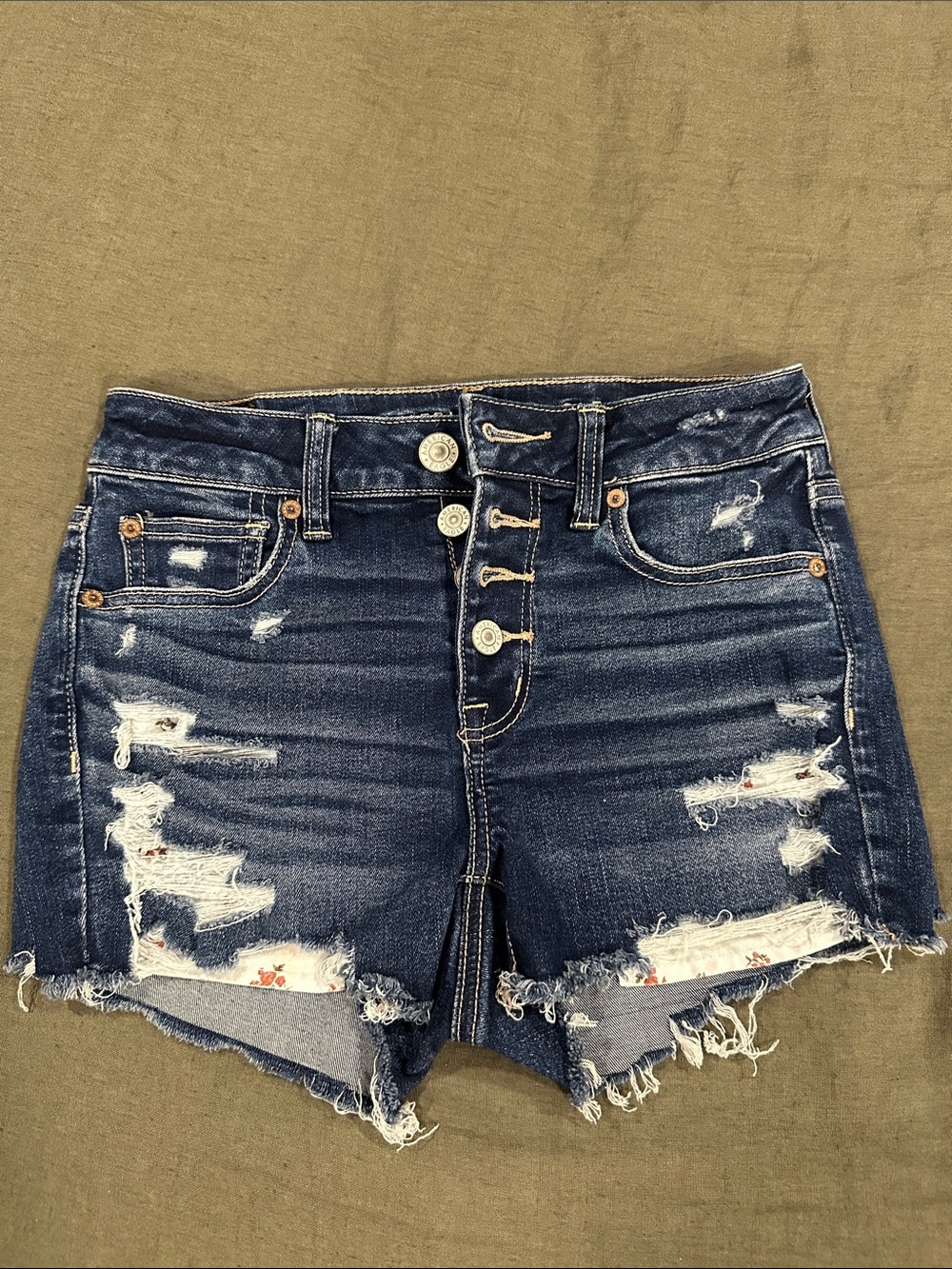 American Eagle Outfitters Dark Blue Distressed Button-Fly Jean Shorts